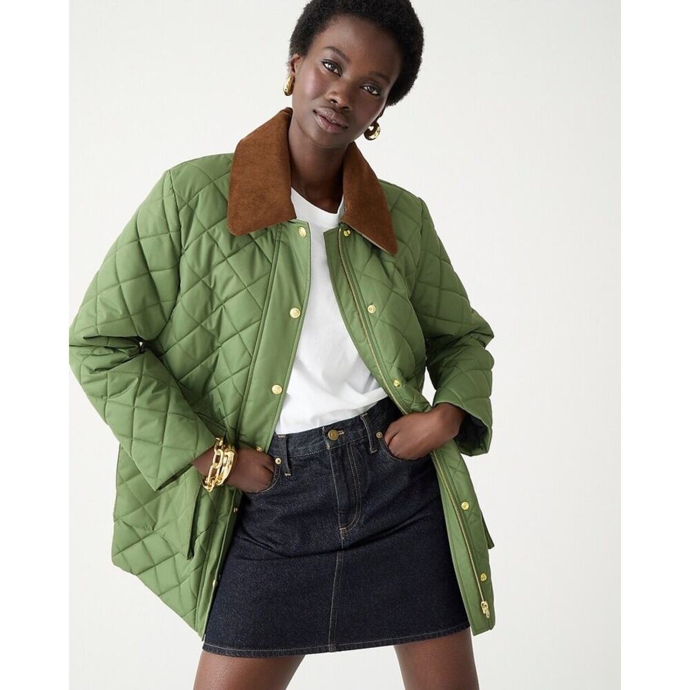 J. Crew Green Heritage Quilted Barn Jacket with Primaloft Corduroy Collar Large